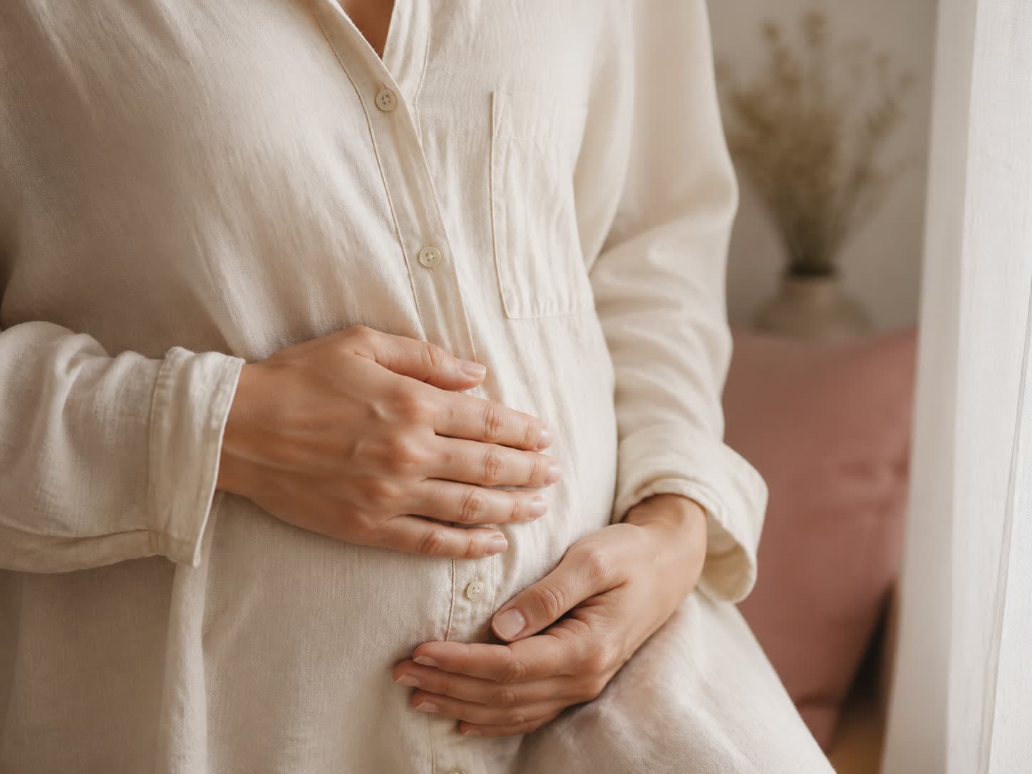 Manos sobre el abdomen, embarazo temprano